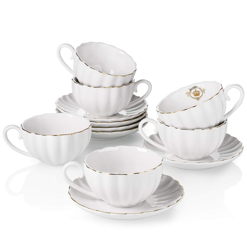 Amazingware أكواب شاي ملكية من Amazingware مع صحن، بحواف ذهبية وصندوق هدايا، أكواب قهوة بريطانية، مجموعة أكواب شاي، مجموعة شاي من البورسلين، أكواب كابتشينو، أكواب لاتيه، مجموعة من 6 (8 أوقية) - بيضاء - Image 1